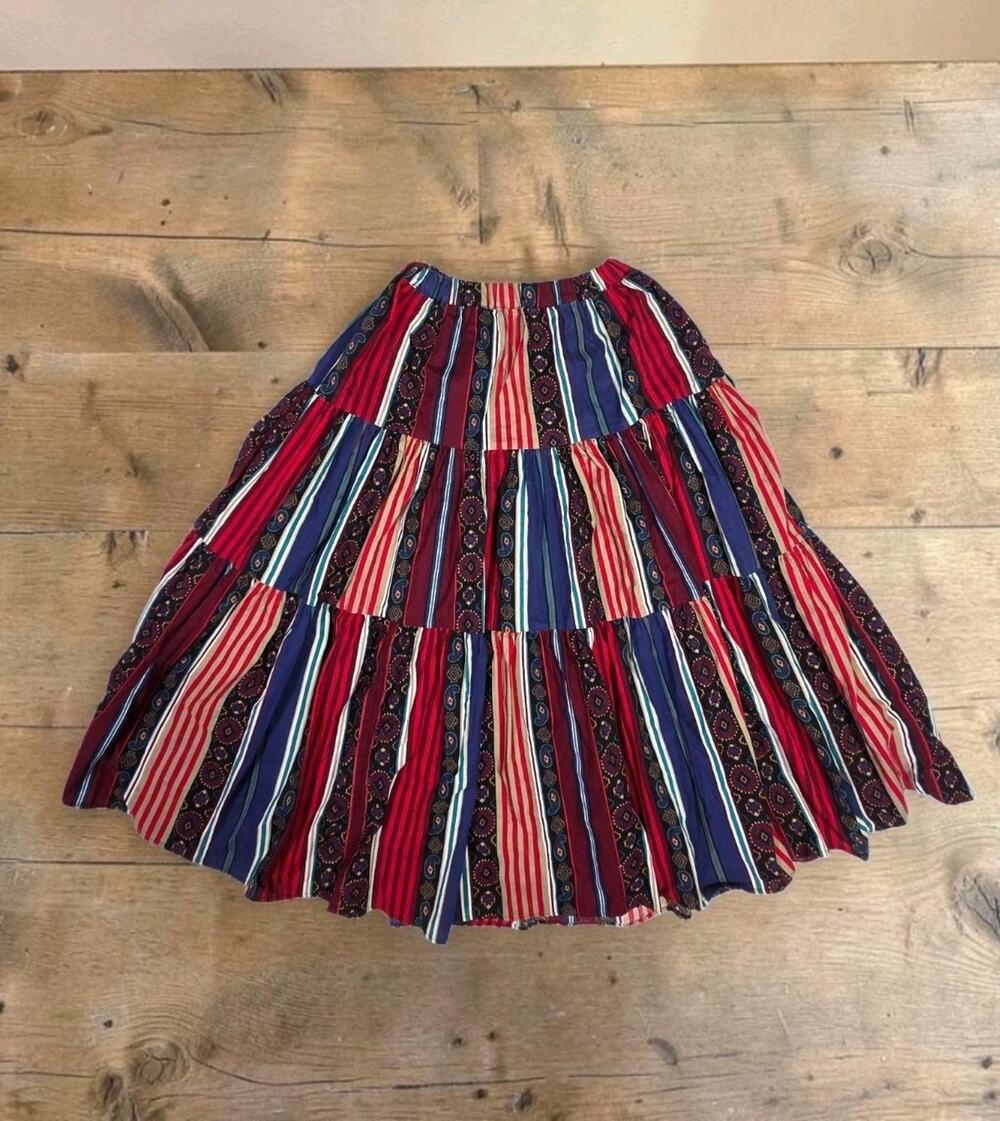 Vtg Pegaso Tiered Prairie Skirt Midi Southwestern Striped USA Boho 90s One Size